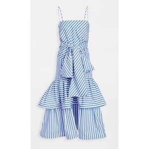 Silvia Tcherassi Allerona Striped Tiered Tie Waist Midi Dress in Celeste Stripes